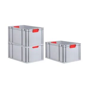 PROREGAL 3x Eurobox NextGen Color   HxBxT 22x40x60cm   65 Liter   Griffe rot geschlossen   Verstärkter Boden   Eurobehälter