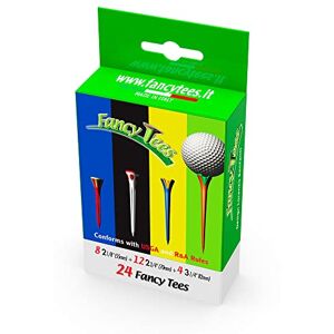 Studio Lorenzo Bonfanti Sas FancyTees Cardboard case 24pcs Mix, Golf in Two Plastic Materials 8 Tees of 2 1/8" (55mm) 12 Tees of 2 3/4" (70mm) 4 Tees of 3 1/4" (82mm), Multicolor, Design and quality Made in Italy