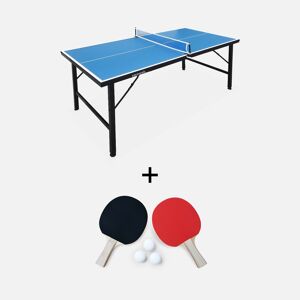 sweeek Mini table de ping pong 150x75cm - table pliable INDOOR bleue. avec 4 raquettes et 6 balles. valise de jeu pour utilisation interieure. sport tennis de table - Bleu