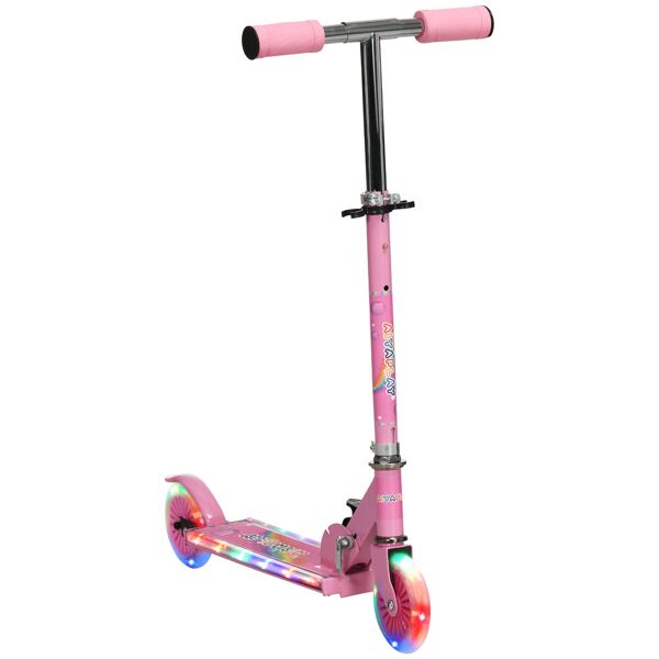 homcom monopattino per bambini 3-7 anni pieghevole a 2 ruote e altezza regolabile con luci led e musica, 67x30x63/68/73/76 cm, rosa