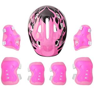 JanJean Toddler Adjustable Helmet Kids Cycling Skating Helmet Protective Gear with Knee Pads Elbow Pads Wrist Guard Set for Boys Girls Outdoor Sport Protection Pink B One Size