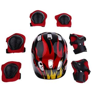 Tenlacum Kids Boy Girl Shock-proof Sport Helmet Knee Elbow Wrist Pad Protector for Roller Skating Riding Scooter Bike Skateboard (7 Pieces) (M,Red Flame)