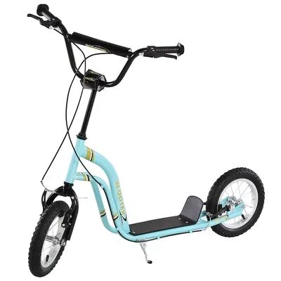 Aosom Youth Scooter Front and Rear Caliper Dual Brakes 12 Inch Inflatable Front Wheel Ride On Toy For Age 5+ White, Brt Blue