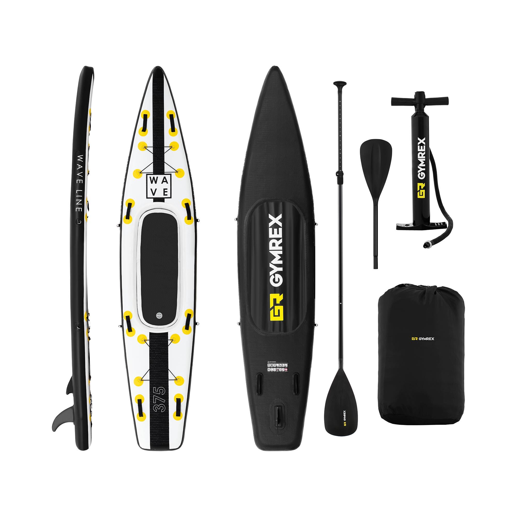 Gymrex Stand up paddle gonflable - 120 kg - Noir/jaune - Kit incluant pagaie, siège et accessoires GR-SPB375