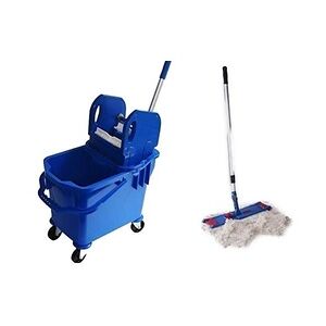 CleanSV® Wischset Bay blau Laschenmop 50 cm, Putzeimer mit Presse und Inneneimer, Lamo Mopset 3 Laschenmop 50 und Halter und Stiehl