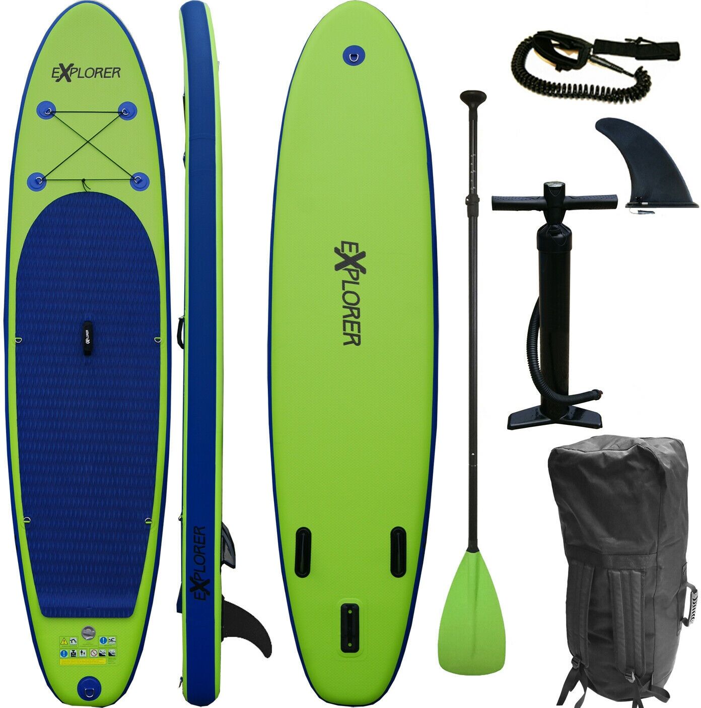 Inflatable SUP-Board EXPLORER "EXPLORER 320" Wassersportboards Gr. 320 x 76 x 15cm 320 cm, grün (grün, blau) Stand Up Paddle