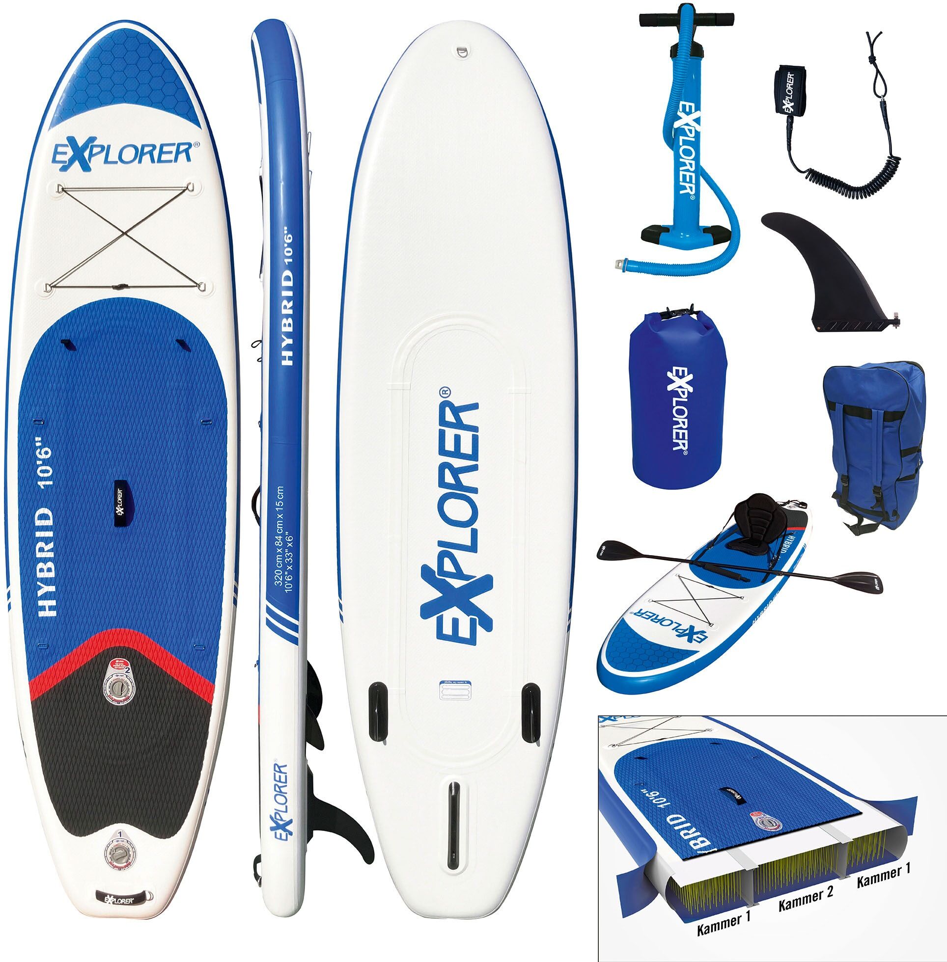 Inflatable SUP-Board EXPLORER "Hybrid 10.6 Doppelkammer Komplettset" Wassersportboards Gr. 320 x 84 x 15cm 320 cm, blau (blau, weiß) Stand Up Paddle mit Paddel, Kajaksitz, Pumpe, Fangleine, Packsack