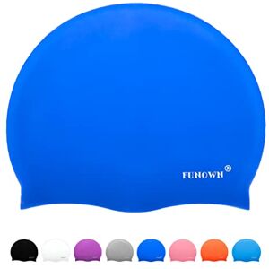 FUNOWN Bonnet de bain en silicone pour adulte pour homme et femme, couleur unie, bonnet de bain en silicone durable pour cheveux longs et courts pour garder la coiffure inchangée (bleu roi) - Publicité