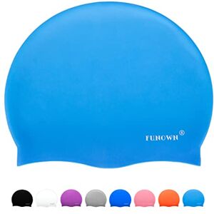 FUNOWN Bonnet de bain en silicone pour adulte pour homme et femme, couleur unie, bonnet de bain en silicone durable pour cheveux longs et courts, garde la coiffure inchangée (bleu clair) - Publicité