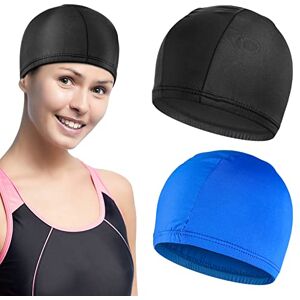 Molain Lot De 2 Bonnets De Bain en Tissu pour Femmes Filles Hommes Enfants Bonnet De Bain Élastique Garde Les Cheveux Propres Bonnets Respirants pour Cheveux Longs Et Courts (Bleu) - Publicité