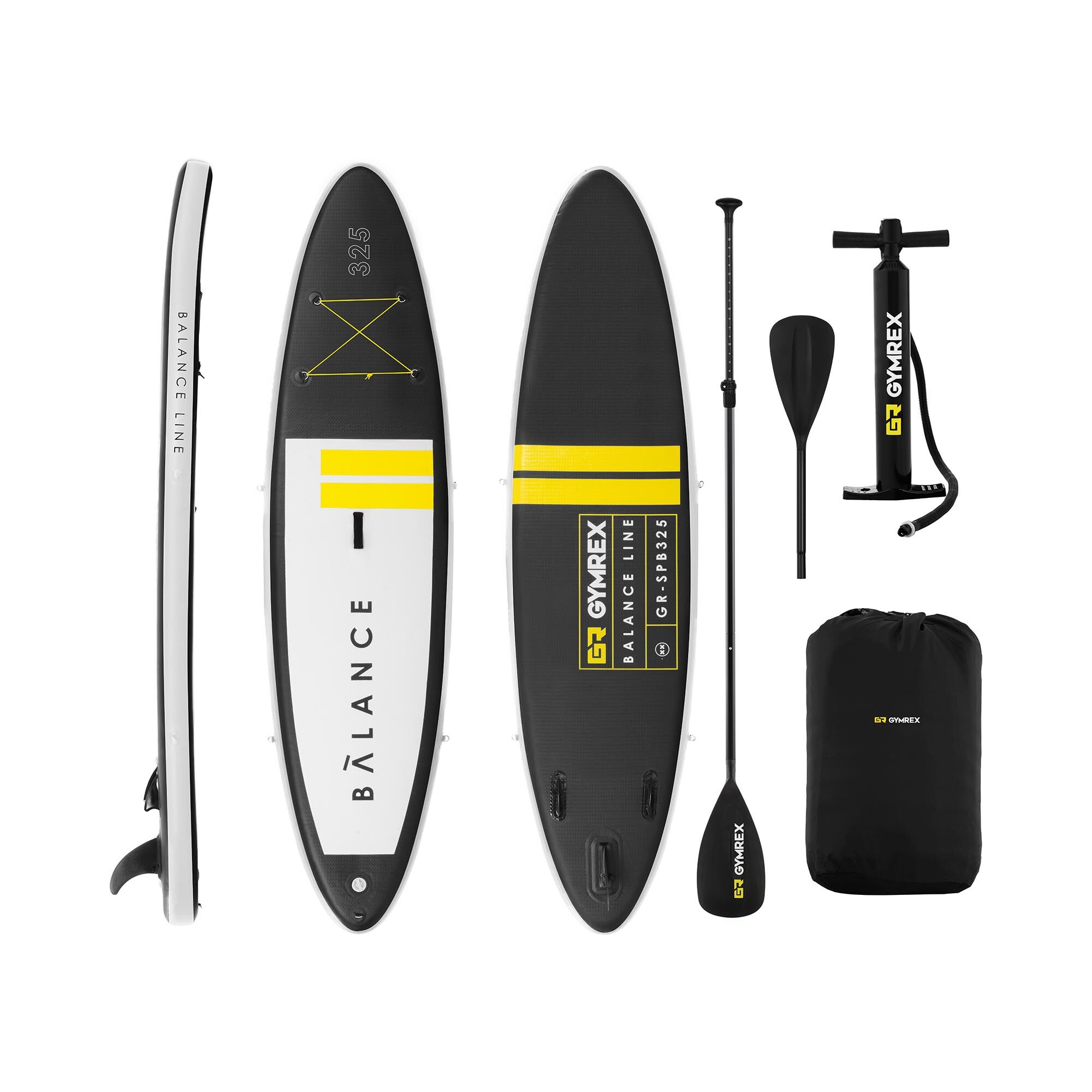 Gymrex SUP gonfiabile - 145 kg - nero/giallo - Set con remo e accessori GR-SPB325