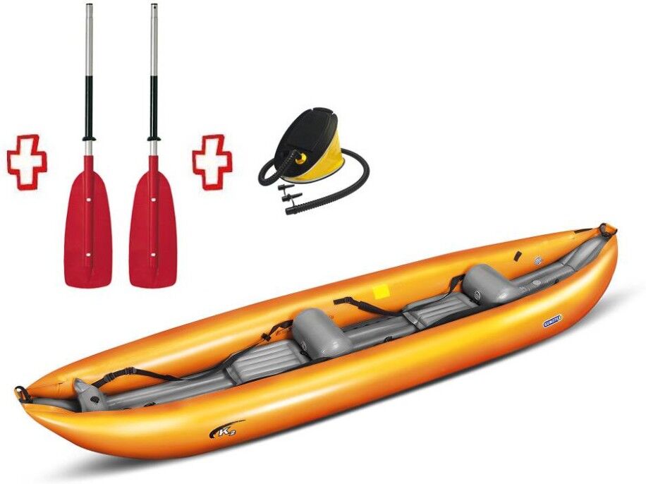 Gumotex Canoa Gonfiabile Rafting K2 Giallo 043862-Y (2a/11c) + 2 Pagaie Touring-2 Div. In 2 Parti + Pompa