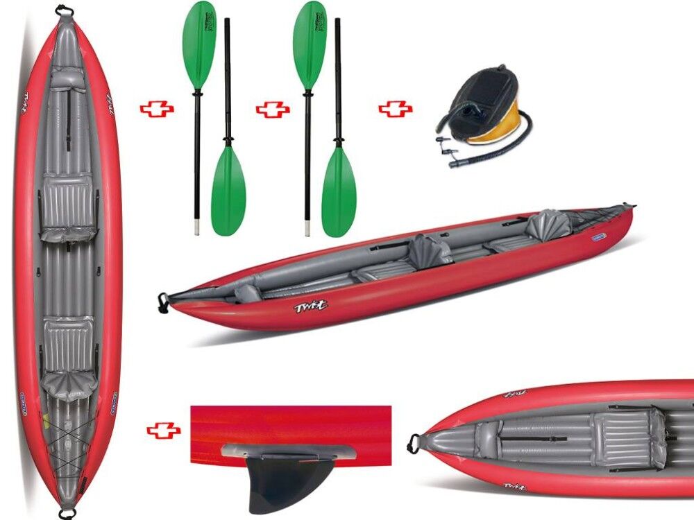 Gumotex Canoa Gonfiabile Twist2/1 Rossa Con Pinna 045355-R (5c/11c) + 2 Pagaie Touring-2 Div. In 2 Parti + Pompa