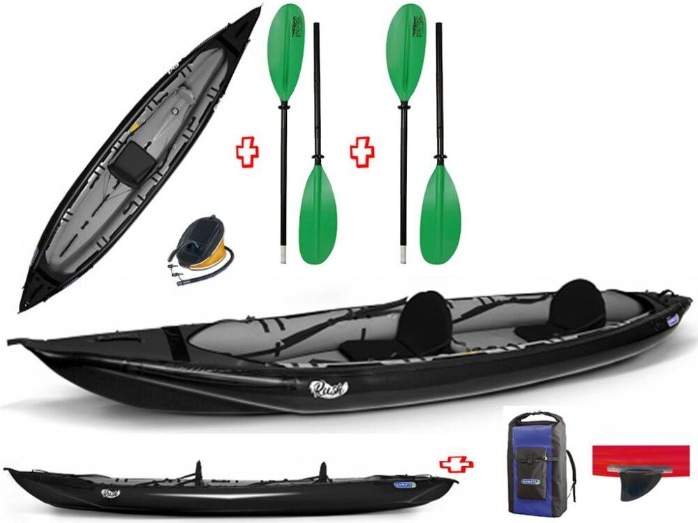 Gumotex Canoa Gonfiabile Rush 2 Nera Con Pinna 045605-K + 2 Pagaie Touring-2 Div. In 2 Parti + Pompa