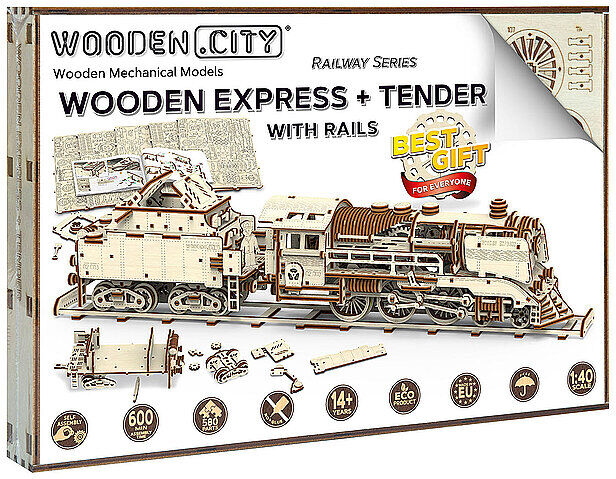 WOODEN CITY Holz 3D Bausatz - Express Train + Tender + Rails