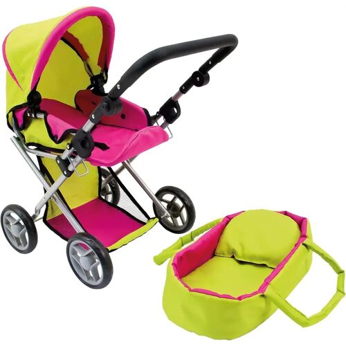 Mertens Bino 82910 - Puppenwagen Mit Babytasche Für Puppen Von Ca. 45 Cm Zusammenklappbar Grün-Pink