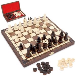 Amazinggirl Skakspil skak træ skakbræt med damspil - 2 i 1 skakbrætsæt højkvalitets foldbar med skakbrikker store til børn og voksne 30,5 x 30,5 cm