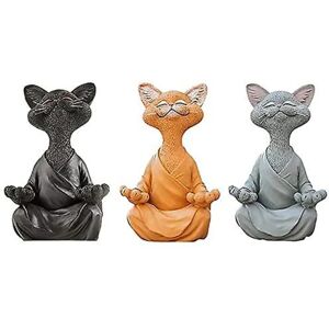 Parti med 3 kattestatuer i meditation - glad Buddha kat