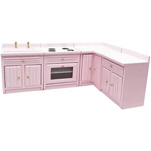 WEIWZI 1:12 Dukkehus Miniaturemøbler Køkken Træ Pink Kombinationsskab Vask tællere 1/12 skala Deluxe træ køkkensæt