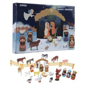 Julekrybbe Adventskalender 24 Harpiksminiaturer, Hellig Familie, Magi, Hyrde, Engel, Får, Stald, Dyr, Hegn, Ideal C