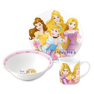 Licens Prinsesse børneservice i keramik - Spisesæt i 3 dele til børn - Belle, Askepot, Aurora og Rapunzel