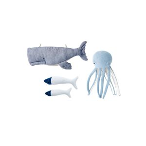 Crochetts Pack peluches pared beluga, pulpo y mini peces azul claro y blanco