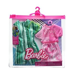 Mattel - Barbie Fashion Pack - HJT40 - Ensemble Tenues de vêtements pour poupée - haut court + mini-jupe roses et barboteuse verte à rayures - Publicité