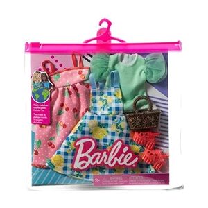 Mattel - Barbie Fashion Pack - HJT33 - Ensemble 2 tenues de vêtements pour poupée - robe rose à pois blancs et motif cerise, robe vichy bleue et blanche - Publicité