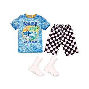 Mattel - Barbie Fashion Pack Ken - HJT23 - Ensemble tenue de vêtements pour poupée Ken - T-shirt Malibu + Short à carreau noir et blanc + baskets blanche - Publicité