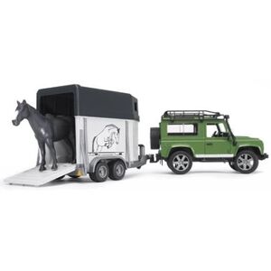 Bruder - 2592 - véhicule miniature - modèles simples - land rover defender 90 break avec van et un cheval - Publicité