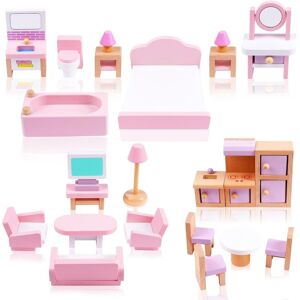 Meubles De Maison De Poupées, 22 Pièces Ensemble De Jeu Miniature En Bois Pour Enfants, Mini Maison / Mini Famille De Poupée Pour Micro Salon, Chambre, Cuisine (4 Ensembles De Meubles) - Publicité