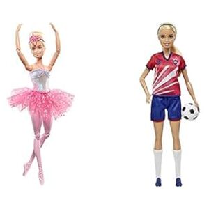 Barbie Lot Poupée Mannequin Dreamtopia Ballerine Lumières Scintillantes (HLC25) + Poupée Footballeuse (HCN17), Blonde, Diadème Et Tutu Rose, Cheveux Blonds, Maillot N°9, Ballon, Dès 3 Ans - Publicité