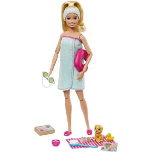 Barbie Bien-être Coffret Journée au Spa avec poupée Blonde, Figurine Chiot et 9 Accessoires, Jouet pour Enfant, GJG55 Multicolore - Publicité