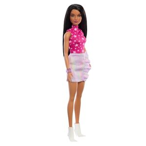 Barbie Poupée Fashionistas avec Cheveux Noirs Lisses, Haut Rose à imprimé étoiles et Jupe irisée, poupée à Collectionner, 65ème Anniversaire, HRH13 - Publicité