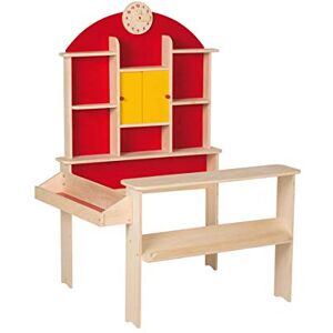 roba Marchande Enfant en Bois Épicerie à Étagères et 2 Portes Coulissantes Stand de Vente avec Horloge Rouge/Jaune - Publicité