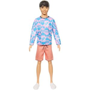 Barbie Poupée Ken Fashionistas avec Corps Mince, vêtu d’Une Chemise Amovible Manches Longues à Motifs Roses et Bleus et Un Short Rose, HRH24 - Publicité