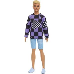 Barbie Poupée Ken Fashionistas n° 191, Cheveux Blonds Courts, Pull à Carreaux, Short en Jean, Baskets Blanches, Jouet Enfant, Dès 3 ans, HBV25 - Publicité