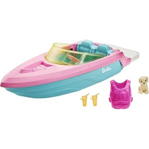 Barbie Mobilier Bateau pouvant Transporter 3 poupées avec Gilet de Sauvetage, Figurine Chiot et 2 Verres, Jouet pour Enfant, GRG29 - Publicité