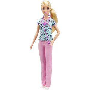 Barbie Métiers poupée Infirmière Blonde avec Blouse à Motifs, Pantalon Rose, Chaussures Blanches et stéthoscope, Jouet pour Enfant, GTW39 - Publicité