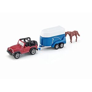 SIKU 1651, Jeep avec remorque pour chevaux, métal/plastique, multicouleur, 1 figurine cheval inclus, clapet de chargement ouvrable - Publicité
