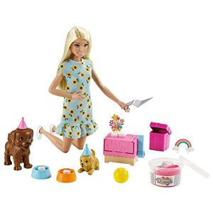 Barbie Famille Coffret Anniversaire des Chiots avec poupée Blonde, 2 Figurines Chiens, pâte à Modeler et Accessoires, Jouet pour Enfant, GXV75 - Publicité