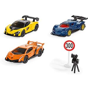 SIKU 6328, Coffret Cadeau Supercars, Lamborghini Veneno, Apollo I,E,, McLaren Senna, Pièces Amovibles, Panneau de Signalisation et Radar Inclus - Publicité