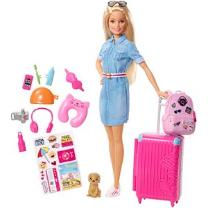 Barbie Voyage Coffret avec Poupée et Chien Valise, Caisse de Transport, Tenue et Autocollants Plus de 10 Accessoires Cadeau dès 3 Ans, FWV25 - Publicité