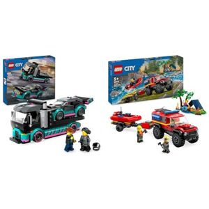 Lego City La Voiture de Course et Le Camion de Transport de Voitures, Jeu de Construction & City Le Camion de Pompiers 4x4 et Le Canot de Sauvetage, Jouet pour Garçons et Filles Dès 5 Ans - Publicité