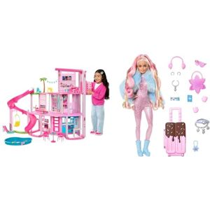 Barbie Coffret Maison de Rêve Poupée Mannequin, Design en Spirale sur 3 Niveaux, HMX10 & Poupée Extra Voyage Articulée avec Tenue Neige, Combinaison Rose à Paillettes - Publicité