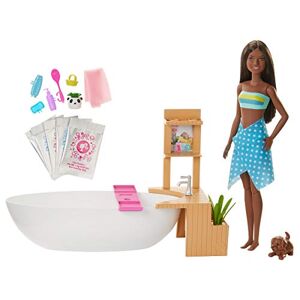 Barbie Bien-être Coffret Bain Coloré avec poupée Brune, Baignoire, Figurine Chiot et Accessoires, Jouet pour Enfant, GJN33, Multicolore - Publicité