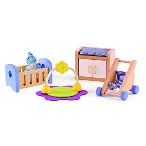 Hape Jouet  Ensemble Chambre de Bébé pour Maison de Poupée en Bois Accessoires Chambre Bébé en Bois Berceau, Table à Langer, Pousette, Coffret 8 Pièces Fille et Garçon à partir de 3 ans - Publicité