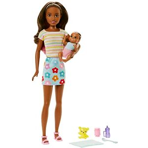 Barbie Coffret poupée Skipper Baby-Sitter brune, avec figurine de bébé et 5 accessoires, Jouet Enfant, Dès 3 ans, HJY31 - Publicité