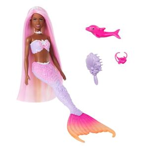 Barbie Sirène « Brooklyn » Poupée avec cheveux roses, accessoires de coiffure, animal de compagnie dauphin et fonction changement de couleur activée par l’eau, HRP98 - Publicité