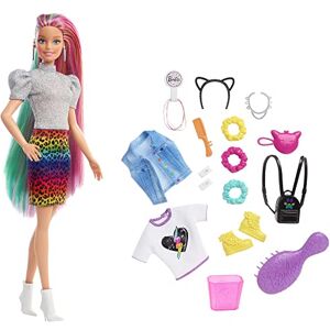 Barbie Chevelure Arc-en-ciel Léopard poupée avec cheveux qui changent de couleur, 16 accessoires de mode et de coiffure, jouet pour enfant, GRN81 - Publicité